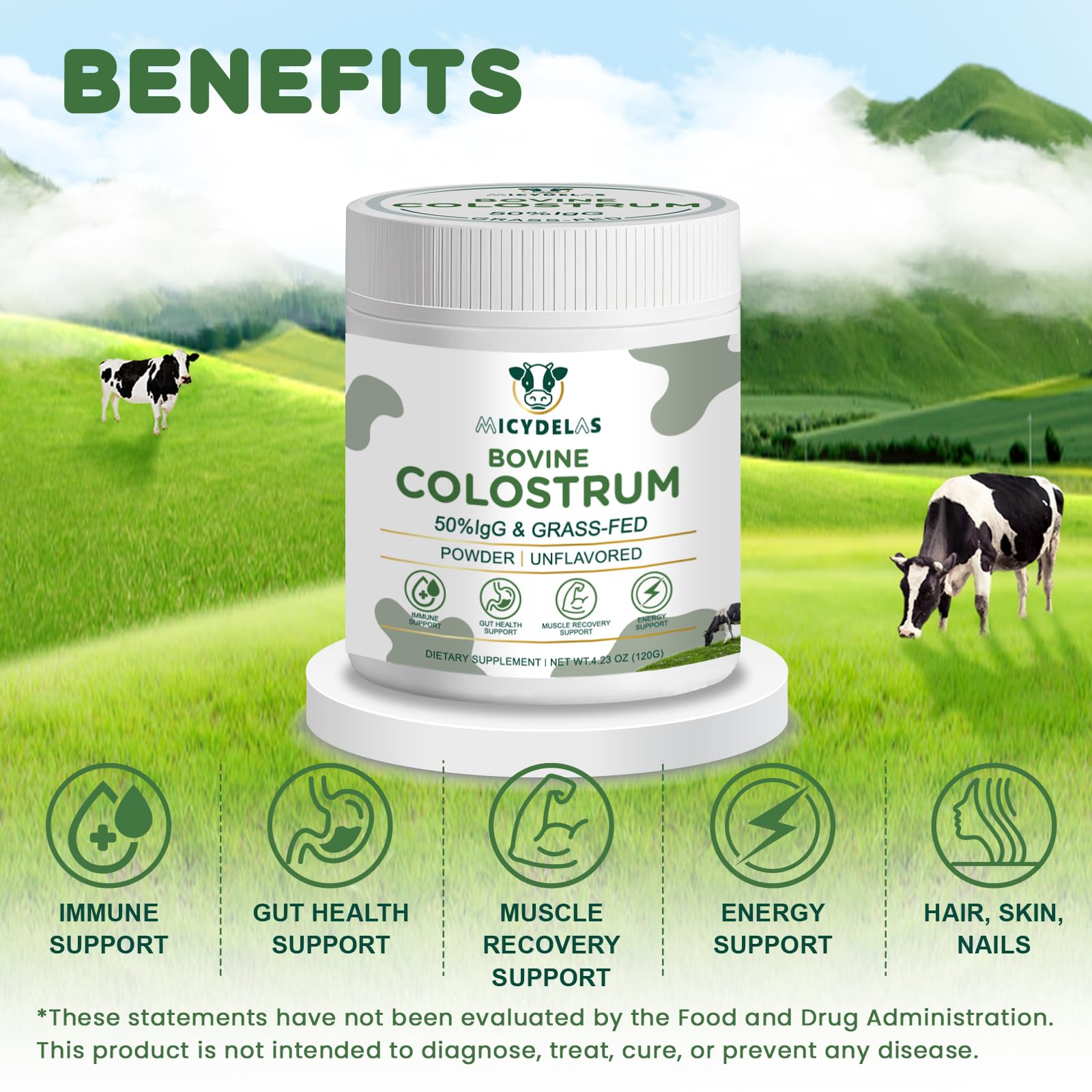 MICYDELAS Bovine Colostrum Supplement Powder 50% IgG Premium Bovine Colostrum for Gut Health Support, Immune Support, Muscle Recovery & Overall Wellness, Grass Fed, Non-GMO, Unflavored, 60 Servings MICYDELAS buy supplements Au