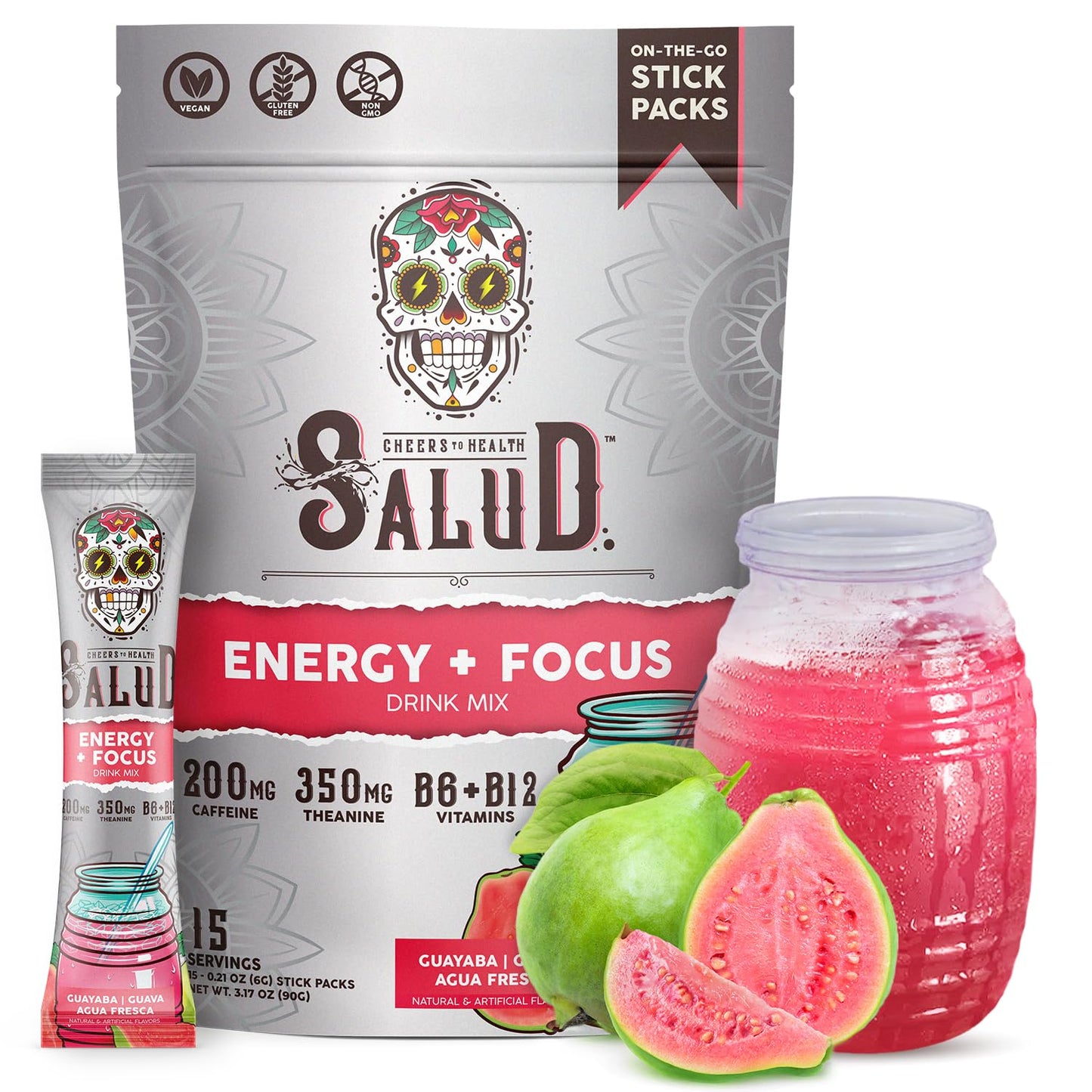 Salud 2-in-1 Energy + Focus Drink Mix, Hibiscus | Organic Caffeine, B6 + B12, Theanine, Clean Energy Packets, Agua Fresca Mix, Non-GMO, Gluten Free, 1g of Sugar (15 Servings)