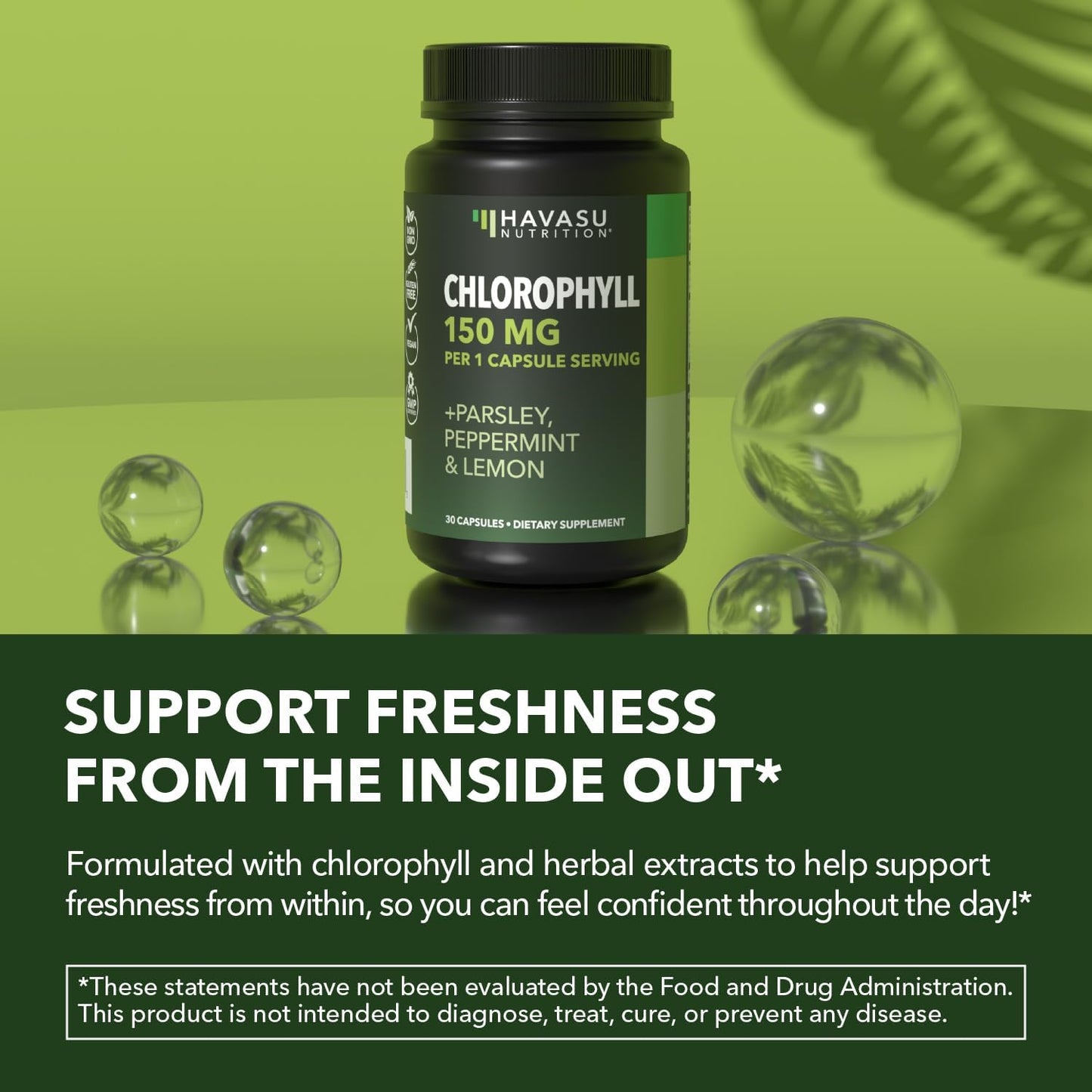 Chlorophyll Pills for Internal Cleanse & Balance, 30 Count, Internal Detox | Skin Health and Body Deodorizing Supplement with Parsley Peppermint & Lemon Extract, Vegan Non-GMO Chlorophyll Capsules