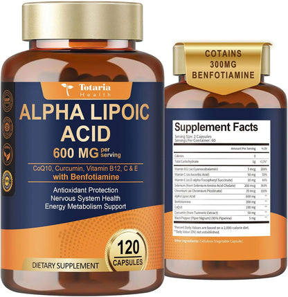 Alpha Lipoic Acid 600mg with Benfotiamine 300mg - ALA Supplement for Antioxidant, Nerve Health, Energy & Metabolism Support, Cell Energy, Neuropathy Supplement, Anti-Aging, Non-GMO, Gluten Free, Vegan