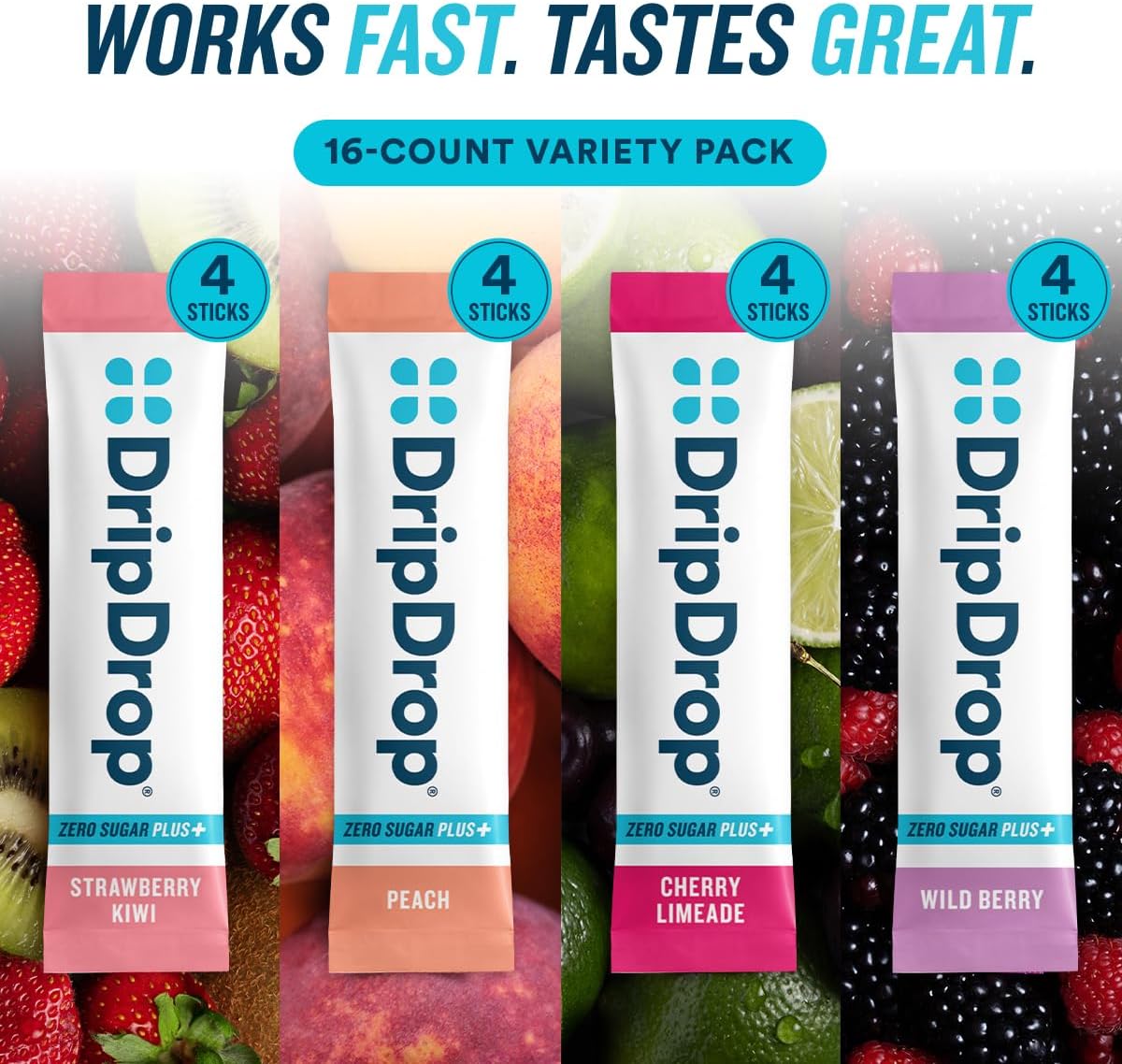 DripDrop Hydration Zero Sugar Plus Electrolyte Packets, Bundle, 32 Ct | Raspberry Lemonade, Watermelon, Tangerine, Tropical Punch, Strawberry Kiwi, Peach, Cherry Limeade, Wild Berry; Sugar Free