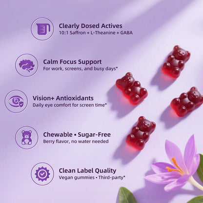 Saffron Gummies 88.5mg with L-Theanine 200mg, GABA for Mood, Focus & Vision | 10-in-1 Supplements for Adults with Ashwagandha, Eye Support Blend, GMP Certified, Sugar Free, Vegan, 60 Day Supply