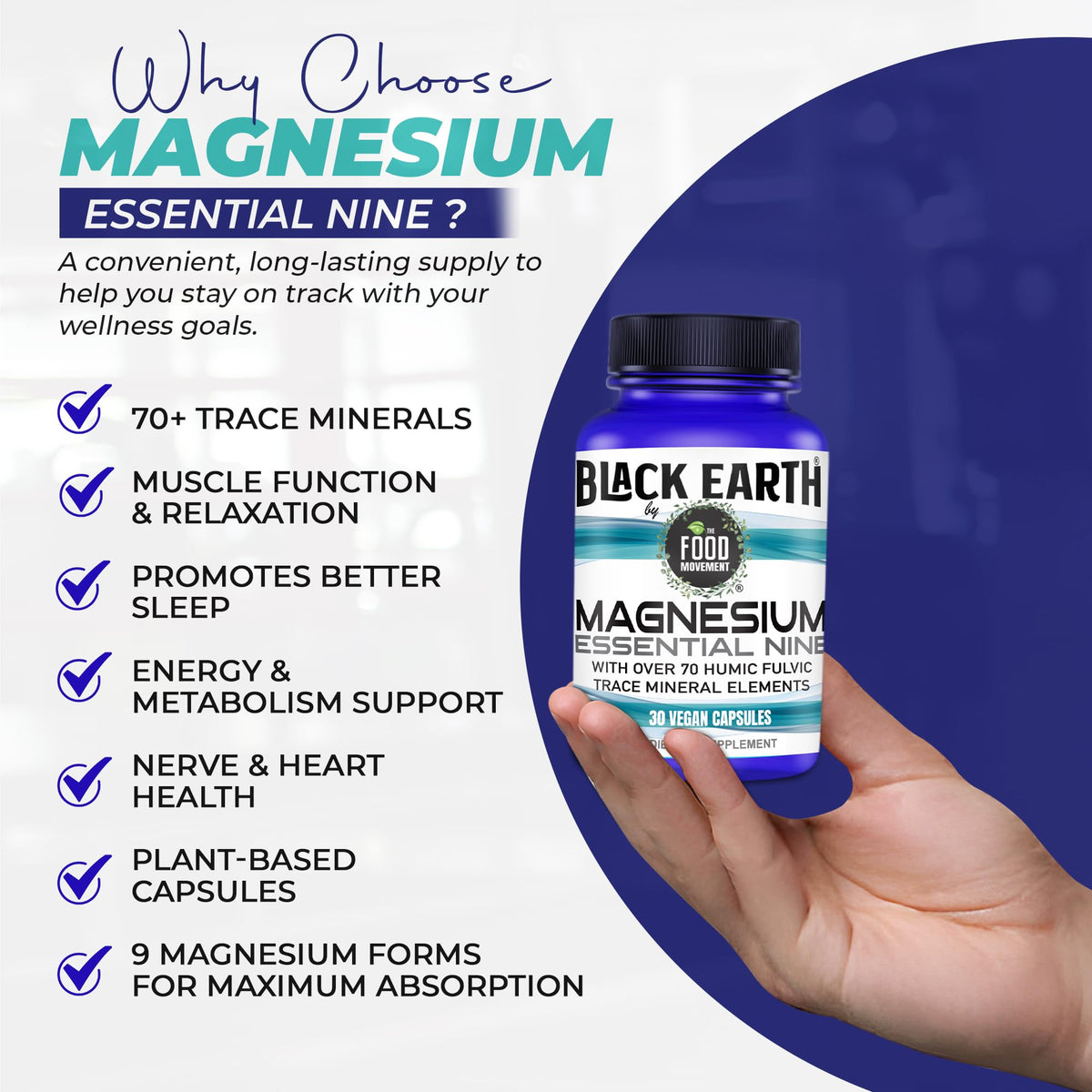 The Food Movement Co. Black Earth Magnesium Essential Nine - Vegan Capsules with Magnesium Glycinate, Citrate, Malate and More - 9 Bioactive Forms for Optimal Health (30 Count) THE FOOD MOVEMENT CO. buy supplements Au