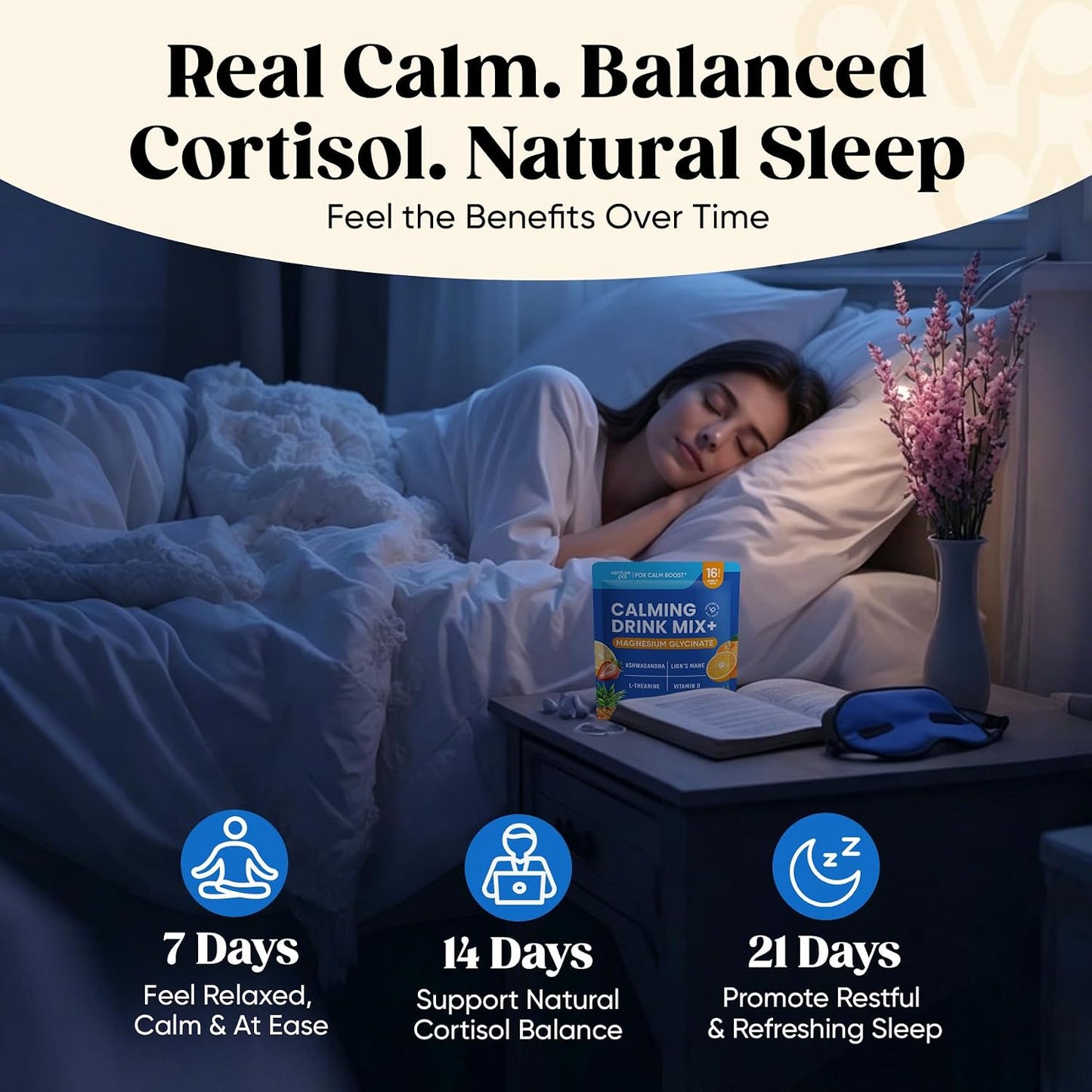 Venture Pal Calm Drink Mix, 12-in-1 Cortisol Reducer & Sleep Aid | Magnesium Glycinate, Ashwagandha, L-Theanine & Vitamin D, Calm Magnesium Powder for Relax & Focus, No Sugar, Non GMO
