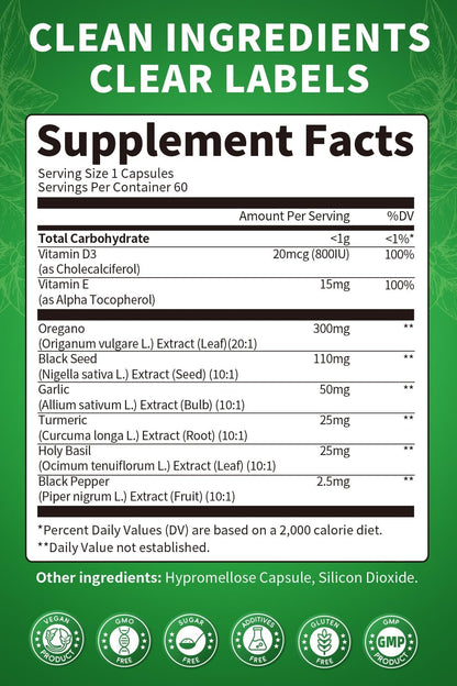 Oil of Oregano Capsules with Black Seed Oil, Garlic, Turmeric, Holy Basil | High Absorption – Immune, Digestive & Respiratory – 60 Caps, 2 Month Supply