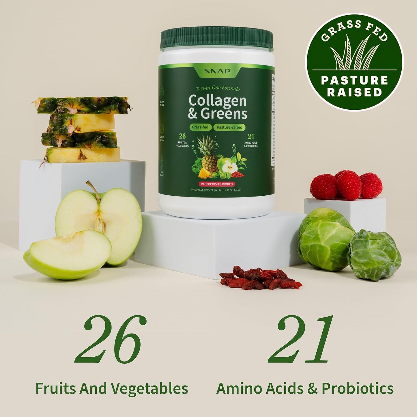 Snap Supplements Super Greens Powder with Collagen Peptides, 11.34 oz | 26 Fruits and Vegetables, Grass Fed, Non-GMO Daily Greens for Hair, Skin, Nails & Joint Support, 30 Servings, 1 Month Supply