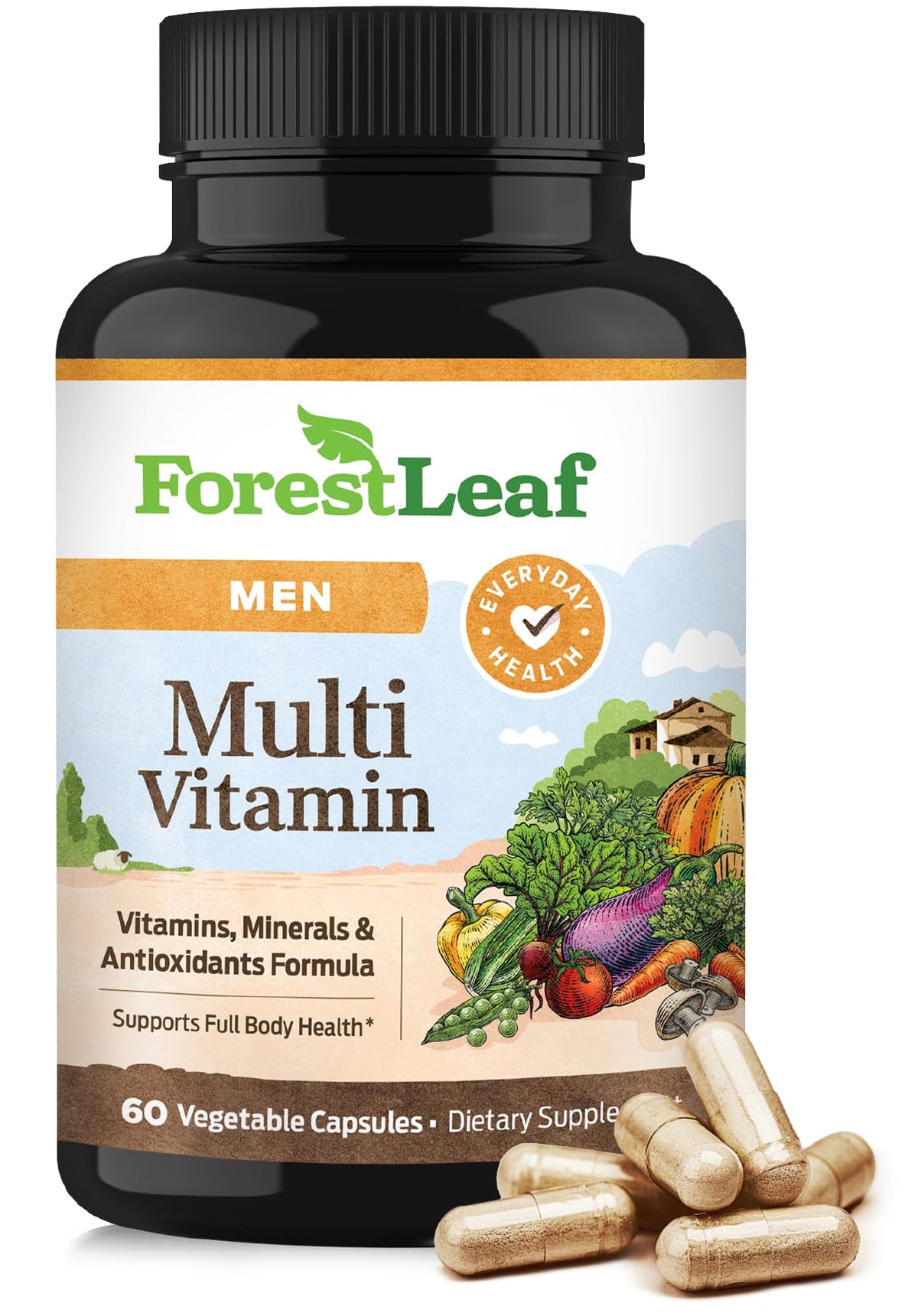 Forest Leaf Men's Multi Vitamin supplement bottle with capsules on a white background