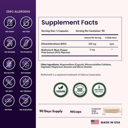 ForestLeaf DIM Supplement - 300mg DIM Estrogen Supplement for Women/Men - Diindolylmethane with BioPerine Black Pepper - Support for Detox, Metabolism, Hormone Balance & Menopause - 90 Caps