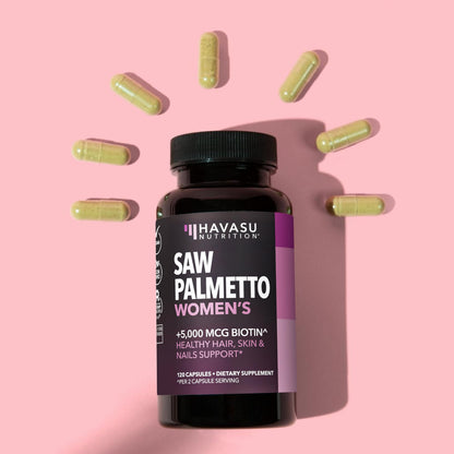 Saw Palmetto for Women with Bitoin 5000mcg Per Serving, 30-Day Supply | Vegan, Non-GMO DHT Blocker for Women for Hair, Skin and Nails, Saw Palmetto Extract with Biotin for Thicker Looking Hair