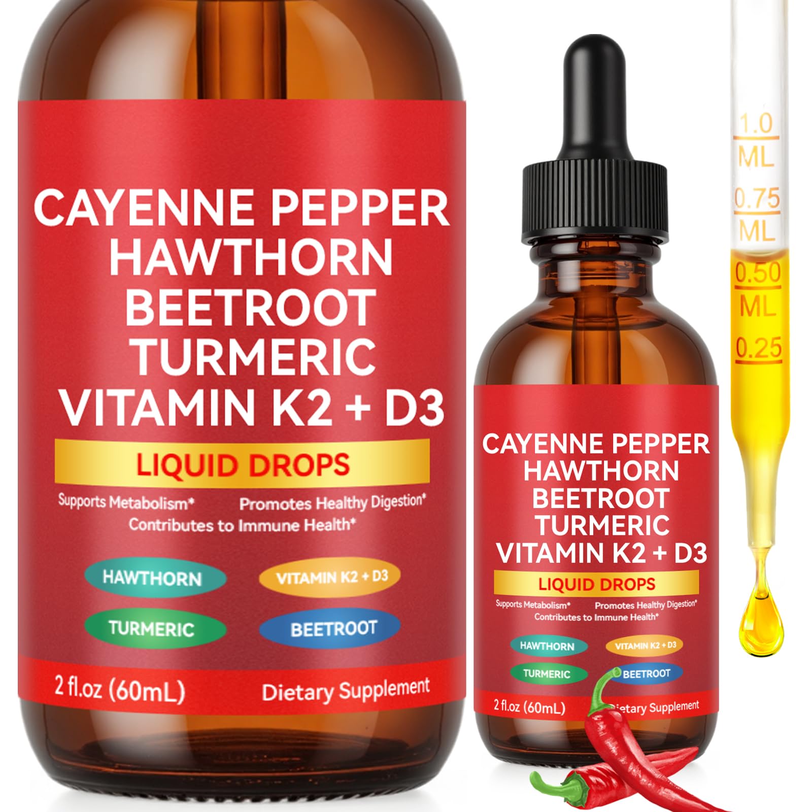 Two bottles of Cayenne Pepper Hawthorn Beetroot Turmeric Vitamin K2 + D3 liquid drops with a dropper on a white background.
