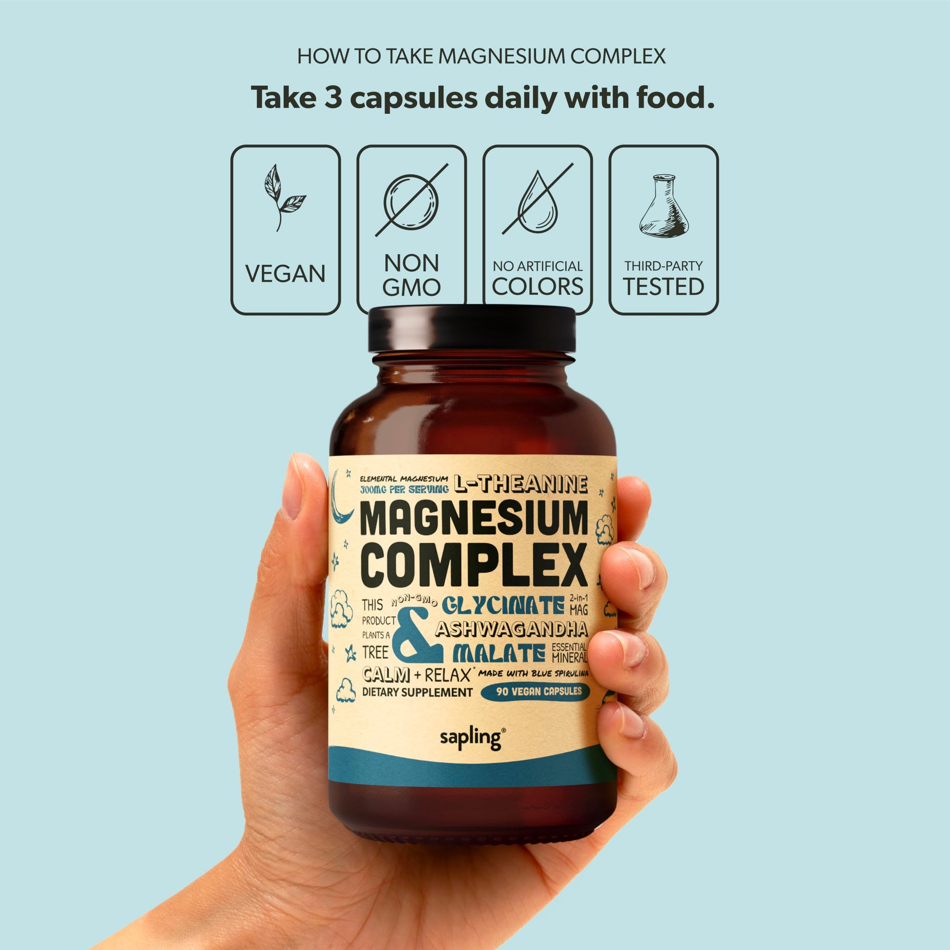 Magnesium Glycinate Complex Supplement - Chelated Magnesium Glycinate with Malate, Organic Ashwagandha, L-theanine & Blue Spirulina - High Absorption, Vegan, Non-GMO, 300mg, 90 Veggie Caps sapling buy supplements Au