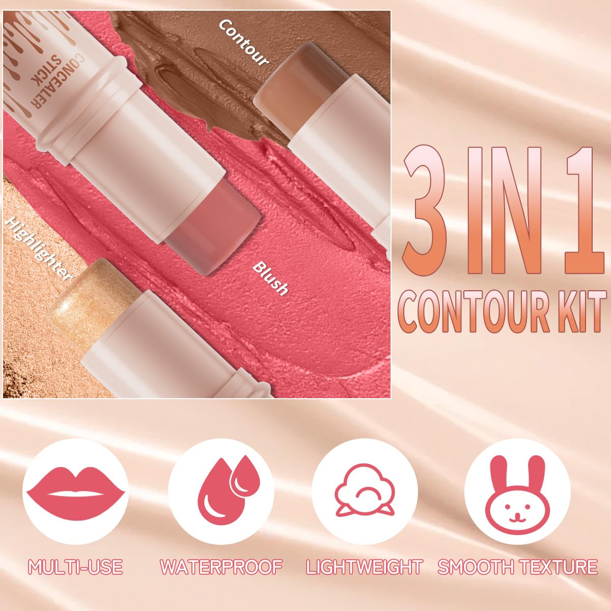 3Pcs Cream Contour Sticks Kit, Highlighter Stick Blush Stick Cream Contour Kit Makeup Set with Brush,Face Brightens & Shades Contour Stick Waterproof for Women QICBuy Supplements Australia