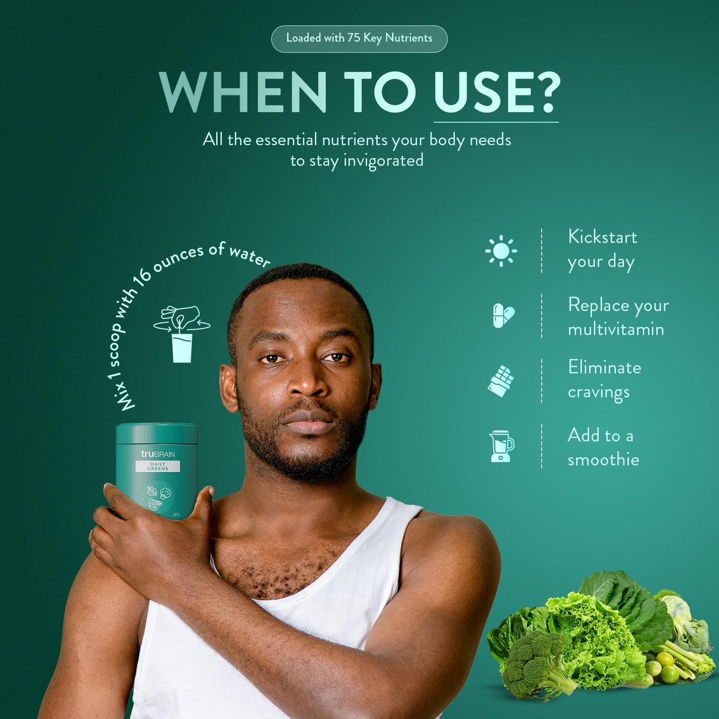 TruBrain Daily Greens: Sustained Brain Nourishment | 75 Plant-Based Ingredients, Superfoods, & Probiotics in Greens Powder | Vegan, Paleo, Keto-Friendly