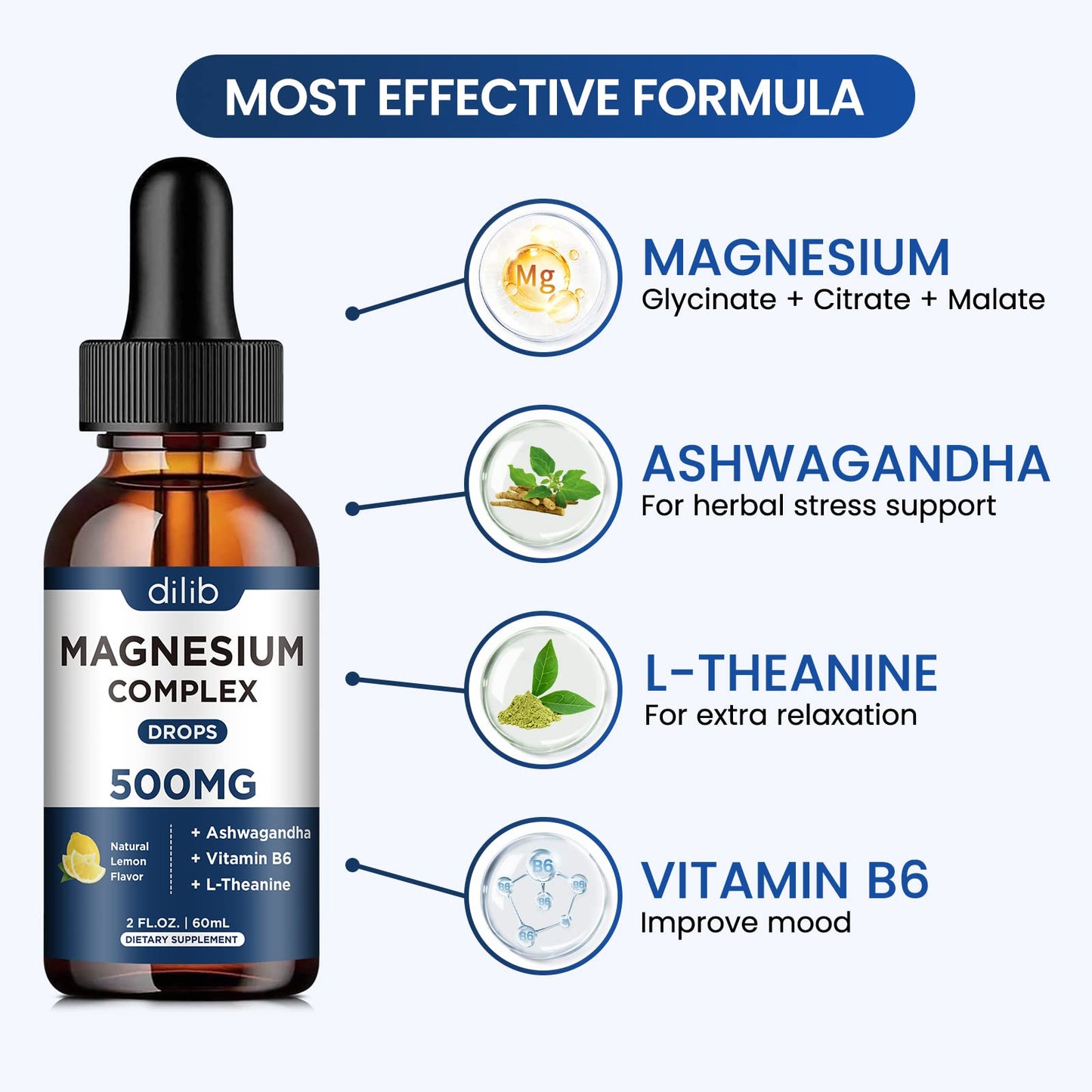 Magnesium Glycinate Liquid Drops, Triple Magnesium Complex Supplement with Citrate, Malate 500mg Ashwagandha, L-Theanine, Vitamin B6 for Sleep, Calm, Stress Relief, Bone, Muscle, Mood - Lemon Flavor dilibBuy Supplements Australia