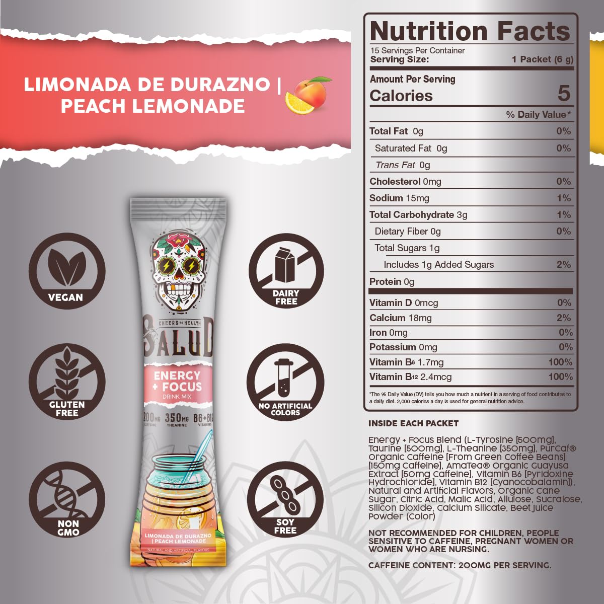Salud 2-Pack |2-in-1 Energy + Focus (Peach Lemonade) & Energy + Focus (Strawberry Watermelon) – 15 Servings Each, Agua Fresca Drink Mix, Non-GMO, Gluten Free, Vegan, Low Calorie, 1g of Sugar
