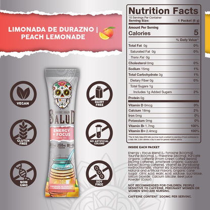 Salud 2-Pack |2-in-1 Energy + Focus (Peach Lemonade) & Energy + Focus (Strawberry Watermelon) – 15 Servings Each, Agua Fresca Drink Mix, Non-GMO, Gluten Free, Vegan, Low Calorie, 1g of Sugar
