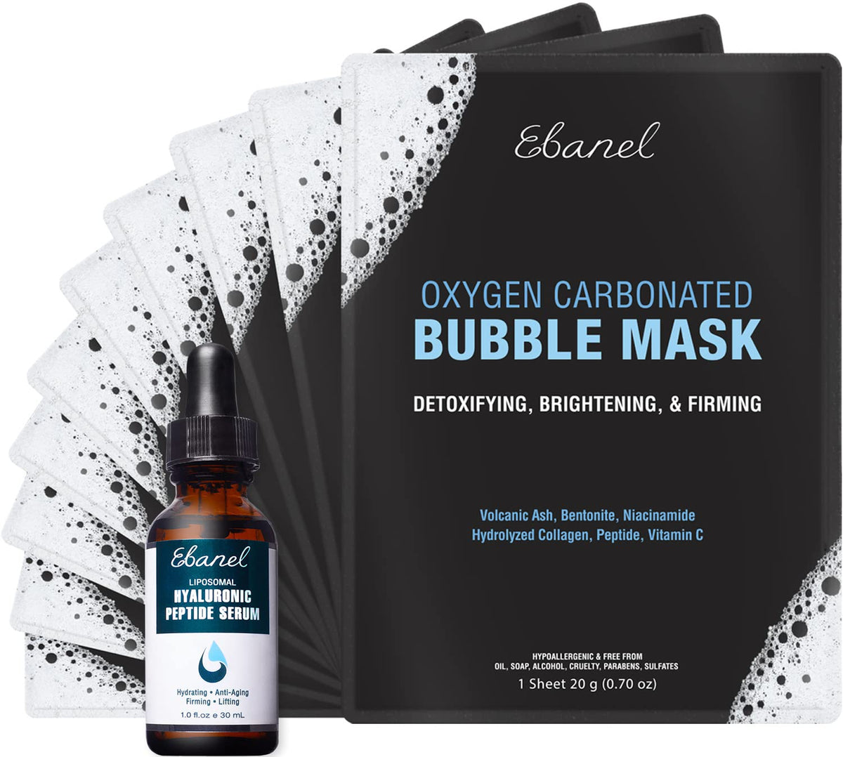 Ebanel Bundle of 10 Pack Bubble Clay Masks, and 2.5% Retinol Serum