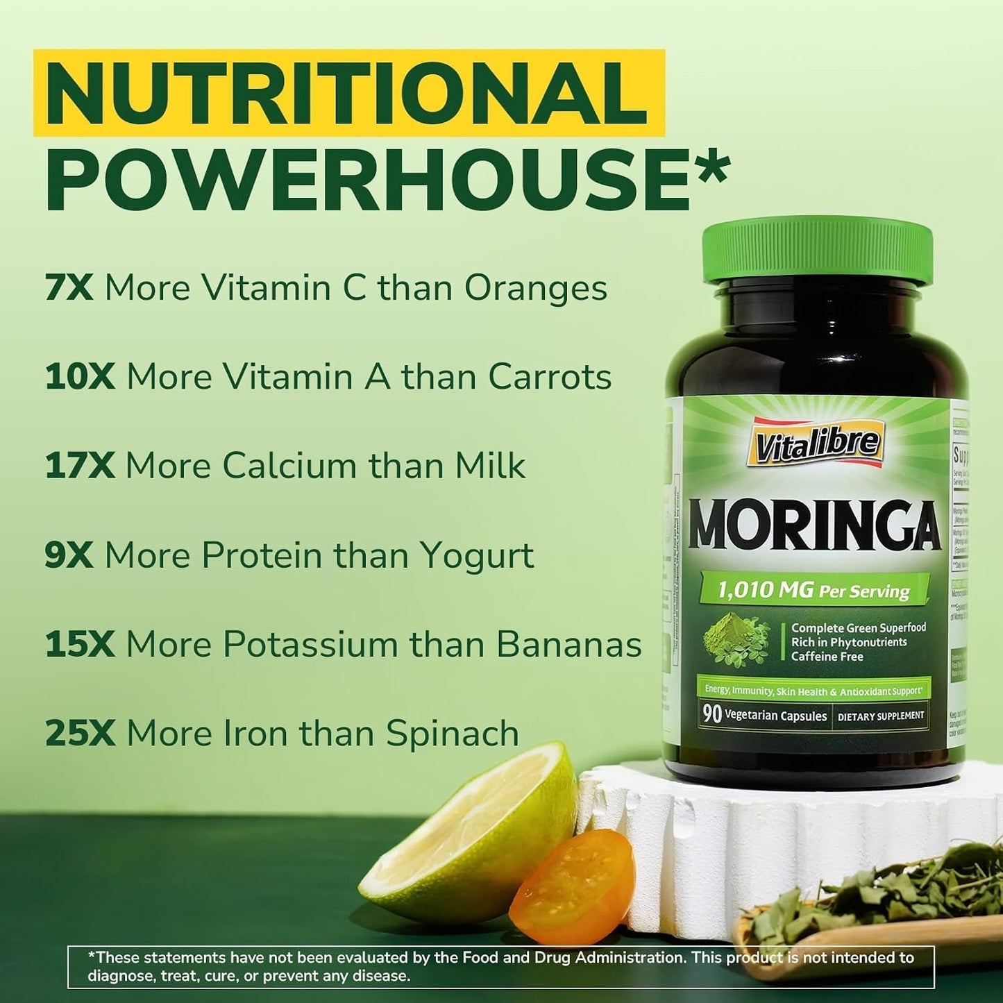 Moringa 1,010 mg, Maximum Potency, Complete Green Superfood, Rich in Antioxidants, No Gluten & Caffeine, Non-GMO, Energy, Immune, Gut & Skin Health, 90 Vegan Capsules