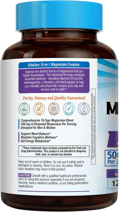 Vitalibre 15 in 1 Magnesium Complex for Women Men, 120 Vegan Capsules | Magnesium Glycinate, Malate, Taurate and More, with Ashwagandha, L-Theanine, Vitamin D3 & B6, Relaxation, Bone, Nerve Support
