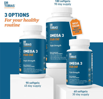 Dr. Tobias Omega 3 Fish Oil 2000mg Triple Strength | 180 Softgels | Heart, Brain & Joint Support | 2,000 mg Fish Oil | 800 mg EPA + 600 mg DHA | Delayed Release Omega 3 Supplement | 90 Servings