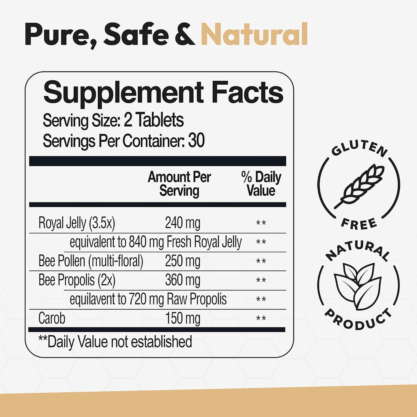 Bee and You Royal Jelly Tablet, Propolis Extract, Bee Pollen, 100% Natural Superfood, Ultra Pure, Immune Support Supplement, Improve Energy, Focus, Antioxidants, Fresh, Keto, Paleo, Gluten-Free | 60ct