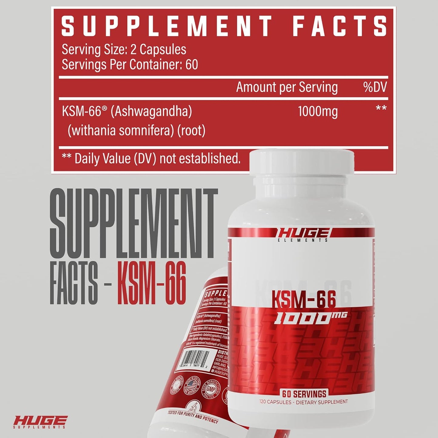 Huge Supplements KSM-66 Ashwaghanda, High Potency 5% Withanolides, 1000mg of Clinically Studied KSM66 (120 Capsules)