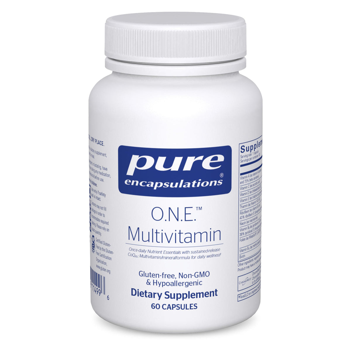 White supplement bottle labeled 'pure encapsulations O.N.E. Multivitamin' on a white background