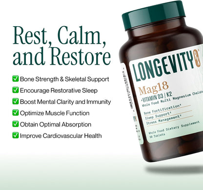 Mag18 Peptide-Bound Magnesium Complex with D3 & K2, Bone & Muscle Support, Mental Clarity, Sleep Aid
