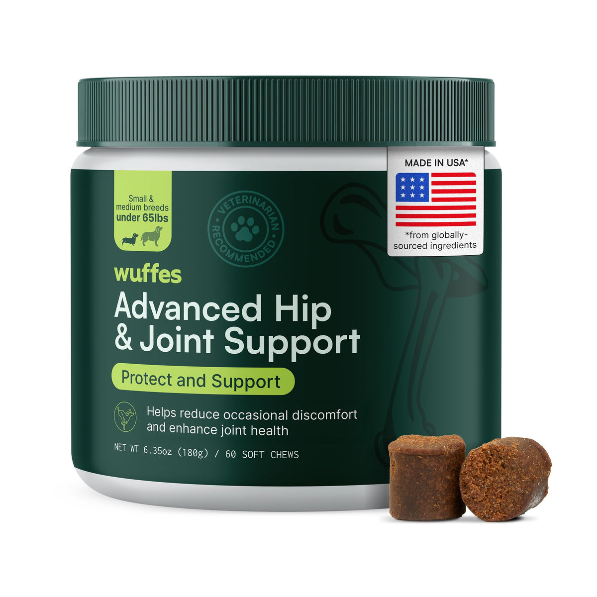 Wuffes Advanced Dog Hip and Joint Supplement with Glucosamine, Chondroitin, Omega 3, MSM, and Green Lipped Mussel, 60 Pork Flavored Chews for Small and Medium Dog Breeds WuffesBuy Supplements Australia