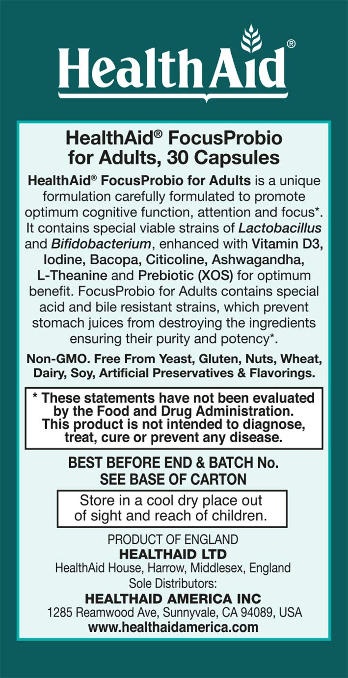 FocusProbio for Adults – 10 Billion CFU Probiotic with Prebiotic, Bacopa, Citicoline, L‑Theanine, Ashwagandha & Vitamin D₃ | Supports Focus, Mood & Gut-Brain Balance – Vegetarian, Once Daily HealthAid buy supplements Au