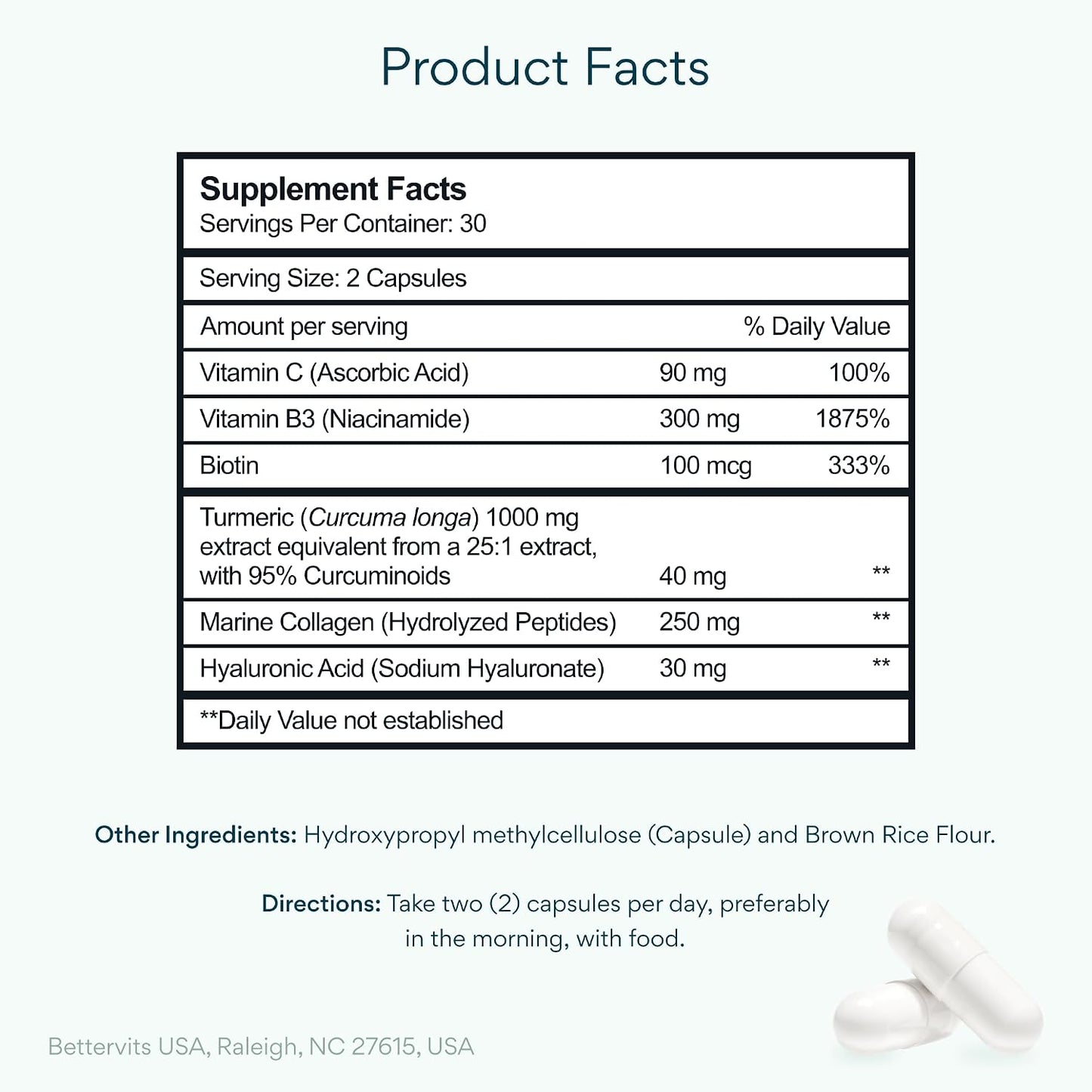 Bettervits Niacinamide Supplement with Vitamin B3, Marine Collagen & Hyaluronic Acid | High-Strength Vitamin B3 Capsules 300 mg. with Turmeric for Energy Metabolism & Skin Support - 60 Capsules