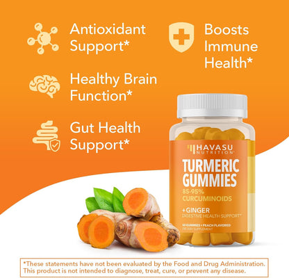 Turmeric Gummies, Peach, 60ct, Digestive & Immune Support for Wellness | Turmeric Gummies with Ginger Root Extract, Digestive Health & Immune Support for Overall Wellness, 1 Month Supply