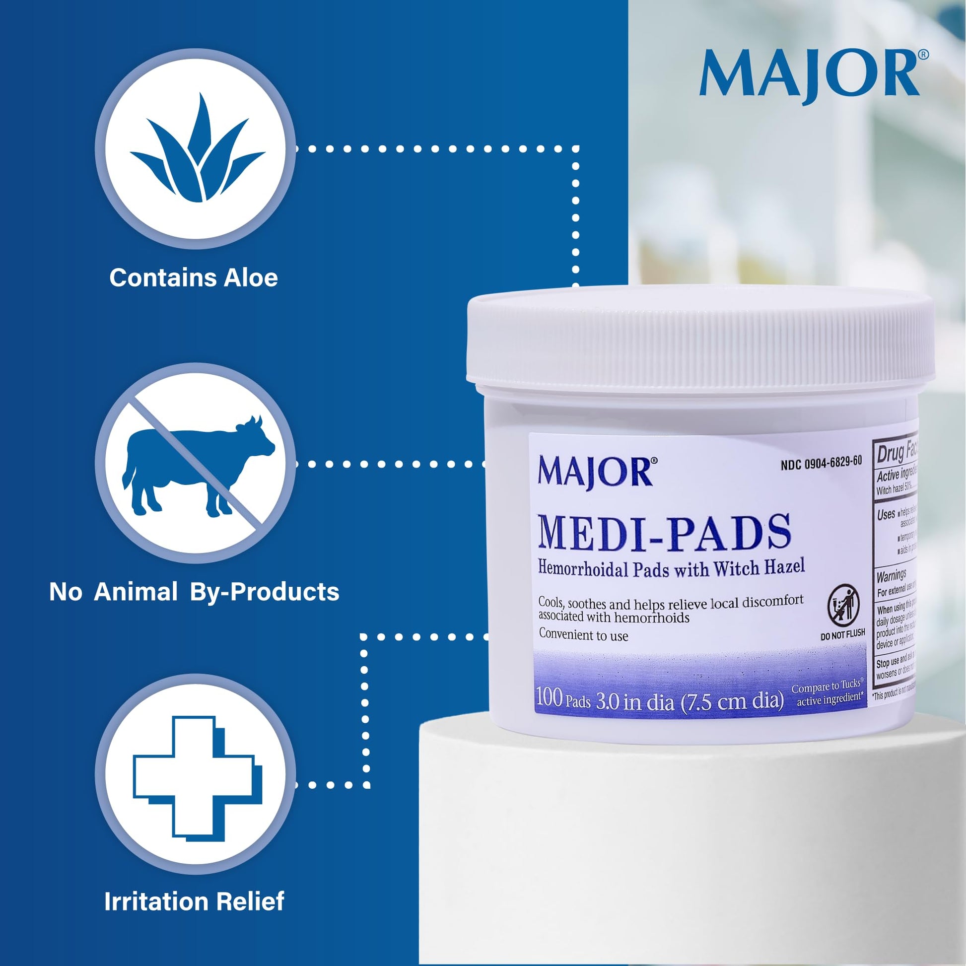 MAJOR Medi-Pads - Hemorrhoidal Hygienic Cleansing Witch Hazel Pads - Cooling Relief with Aloe - 100 Count Jar (2 Pack) MAJORBuy Supplements Australia
