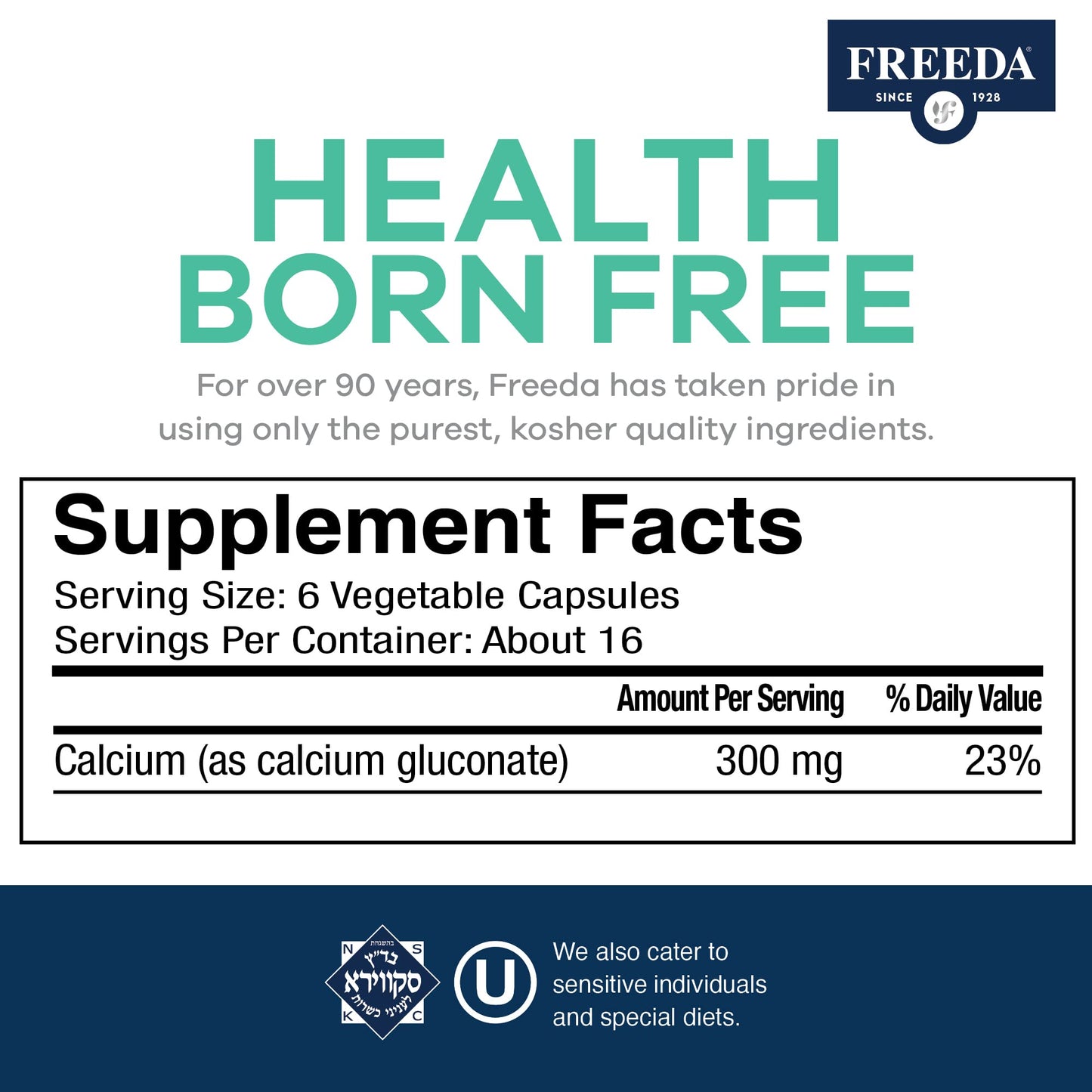 FREEDA Calcium Gluconate Supplement for Bone & Joint Support – 100 Capsules | Supports Teeth & Muscle Health – Pure Calcium w/o Vitamin D – Gentle on Stomach, Easy-to-Digest, Kosher, Vegan, Made in USA
