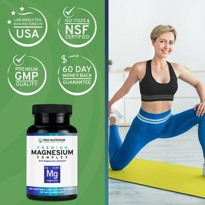 Trio Nutrition Magnesium Complex 90 Day Supply 420 mg | Natural Calm, Relax, Stress Relief, and Muscle Recovery |Magnesium Glycinate Supplement with Vitamin B6 for Rapid Absorption* TRIO NUTRITION buy supplements Au