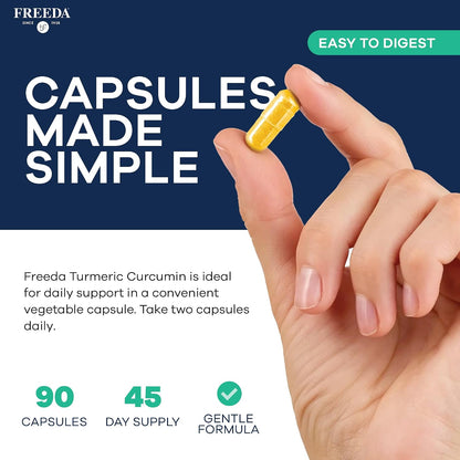 FREEDA Turmeric Curcumin Supplement 1000mg with Black Pepper - 90 Caps | Vegan Turmeric Curcumin Supplement with Organic Turmeric Root, Curcumin Extract & Black Pepper for Daily Mobility
