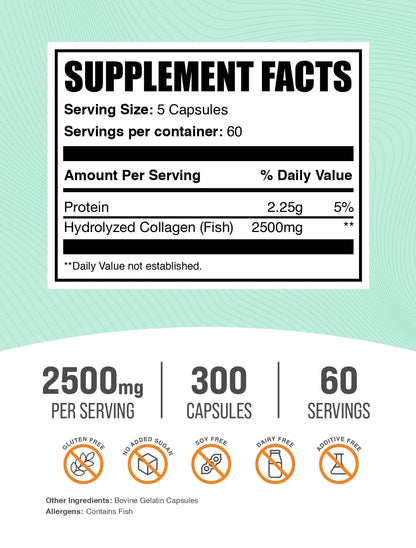 BulkSupplements.com Marine Collagen Capsules - Fish Collagen Supplement, Collagen for Women & Men - Hydrolyzed Collagen, Gluten Free, 5 Capsules per Serving, 300 Capsules (Pack of 1) BulkSupplements buy supplements Au