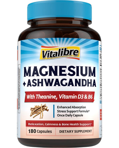 Vitalibre Magnesium Complex with Ashwagandha, L-Theanine & Vitamin D3, B6 | Stress Relief, Bone & Relaxation Support - w/ Magnesium Glycinate, Citrate, Malate, Taurate - Non-GMO, 90 Capsules