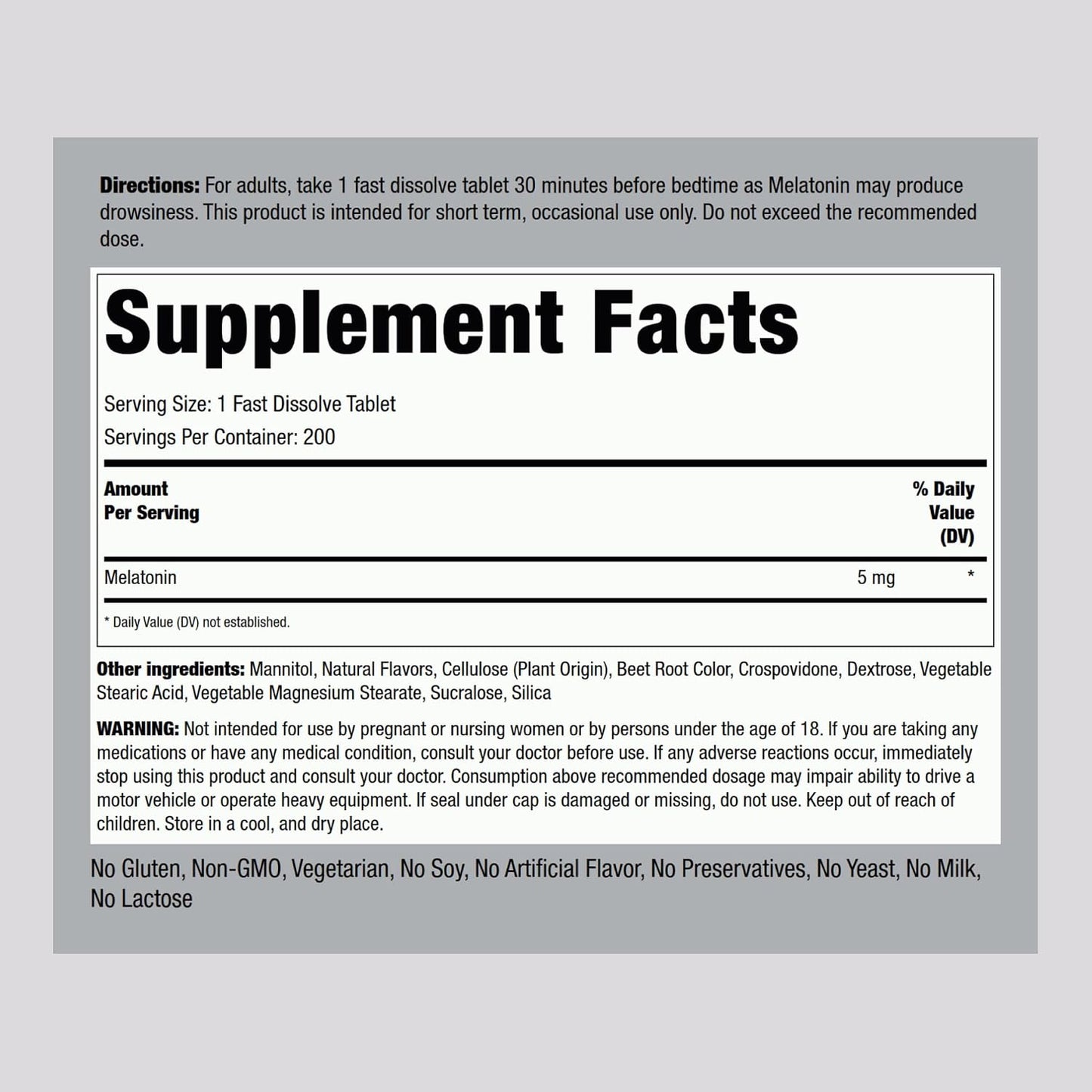 Piping Rock Melatonin 5mg | 200 Fast Dissolve Tablets | Berry Flavor | Adult Supplement | Vegetarian, Non-GMO, Gluten Free Formula