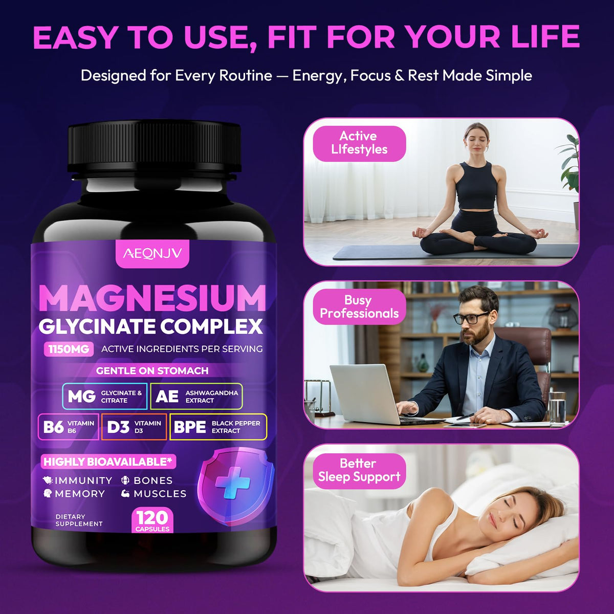 Magnesium Glycinate Complex 1150mg - Gentle on Stomach High Absorption Magnesium Capsules with Citrate, Silica, Ashwagandha & Vitamin B6 for Zzz, Stress Relief, Muscle Support for Adults, Women & Men AEQNJVBuy Supplements Australia