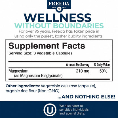 Freeda Magnesium Glycinate - High Absorption Chelated Magnesium - 90 Caps | Supports Sleep, Muscle & Nerve Function - Non-GMO, Vegan, Kosher - Gentle On Digestion - No Magnesium Oxide