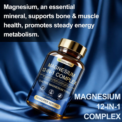 Magnesium 12-in-1 Complex 700mg, with Glycinate & Citrate, Vegan Supplement for Daily Wellness, 120 Capsules (1) WOJJ buy supplements Au