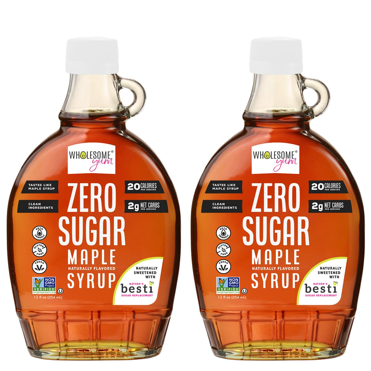 Wholesome Yum Zero Sugar Maple Syrup, Monk Fruit Allulose Keto Maple Syrup | Natural Sugar Free Pancake Syrup. Low Carb, Gluten-Free, Vegan, Non GMO, No Erythritol, No Aftertaste (12 fl oz Glass Bottle)