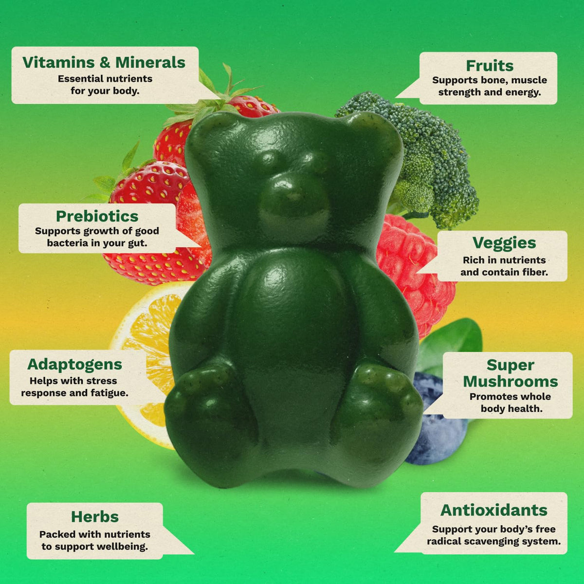 Gruns Adult Super Greens Multivitamin Gummies, Superfood Gummy Vitamins for Women and Men with Spirulina, Chlorella, Adaptogens & Prebiotic Fiber for Digestive Health (28 Count) Grüns buy supplements Au