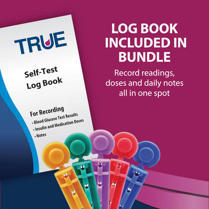 TRUEplus Single-Use Sterile Lancets Bundle, 28G, 300 Pack | Blood Lancets (Sterile, 28G, 4 cm total length) and TRUEplus Log Book, Supplies for Blood Glucose Testing at Home