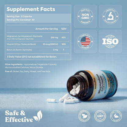 Magnesium Glycinate (Chelated) 1,750 mg – Supplement to Support Stress | Stress Relief, Sleep, Muscle Relaxation & Recovery, With Boron & Vitamin D3, High Absorption, For Women & Men, 90 Capsules
