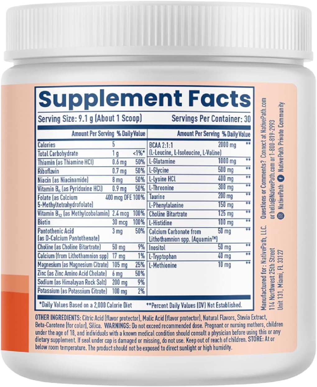 NativePath Hydrate Electrolyte Powder, Peach Mango, 30 Servings | 14 Vitamins & Minerals, 9 Aminos & 2000mg BCAAs, Zero Sugar, Supports Hydration & Recovery, Stevia, Keto