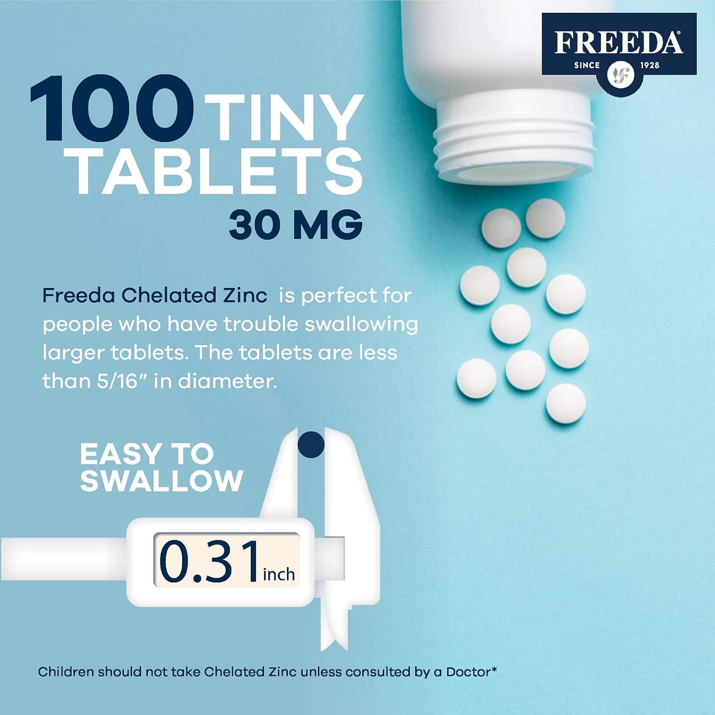 Freeda Chelated Zinc 30mg – TRAACS® Zinc Bisglycinate for High Absorption – Vegan, Kosher, Gentle on Stomach – Immune Support for Adults, Men & Women – 100 Tiny Tablets | For Adult Men & Women – High Absorption Formula – Antioxidant Support, Gentle on Sto