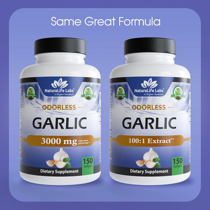 NaturaLife Labs Odorless Garlic – Concentrated 100:1 Garlic Extract with Olive Oil – 150 Softgels – Non-GMO, Gluten-Free