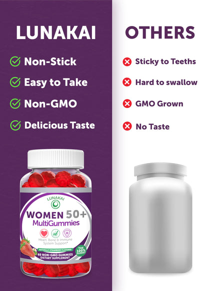 Lunakai USA Made 50 Plus Women's Multivitamin Gummies - Delicious Formula Enhanced with Essential Vitamins & Minerals for Health & Vitality - 60ct